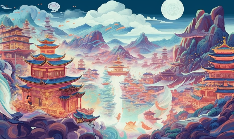 圆月祥云下的朝圣色达城市红房子天葬台牦牛佛学院插画国潮风格,插画/手绘图,插画/手绘图库,插画/手绘图下载,插画/手绘